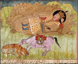 Rostam addormentato, vicino al suo cavallo e a un leopardo macellato, da un manoscritto dello Shahnameh, di Firdawsi da Persian School